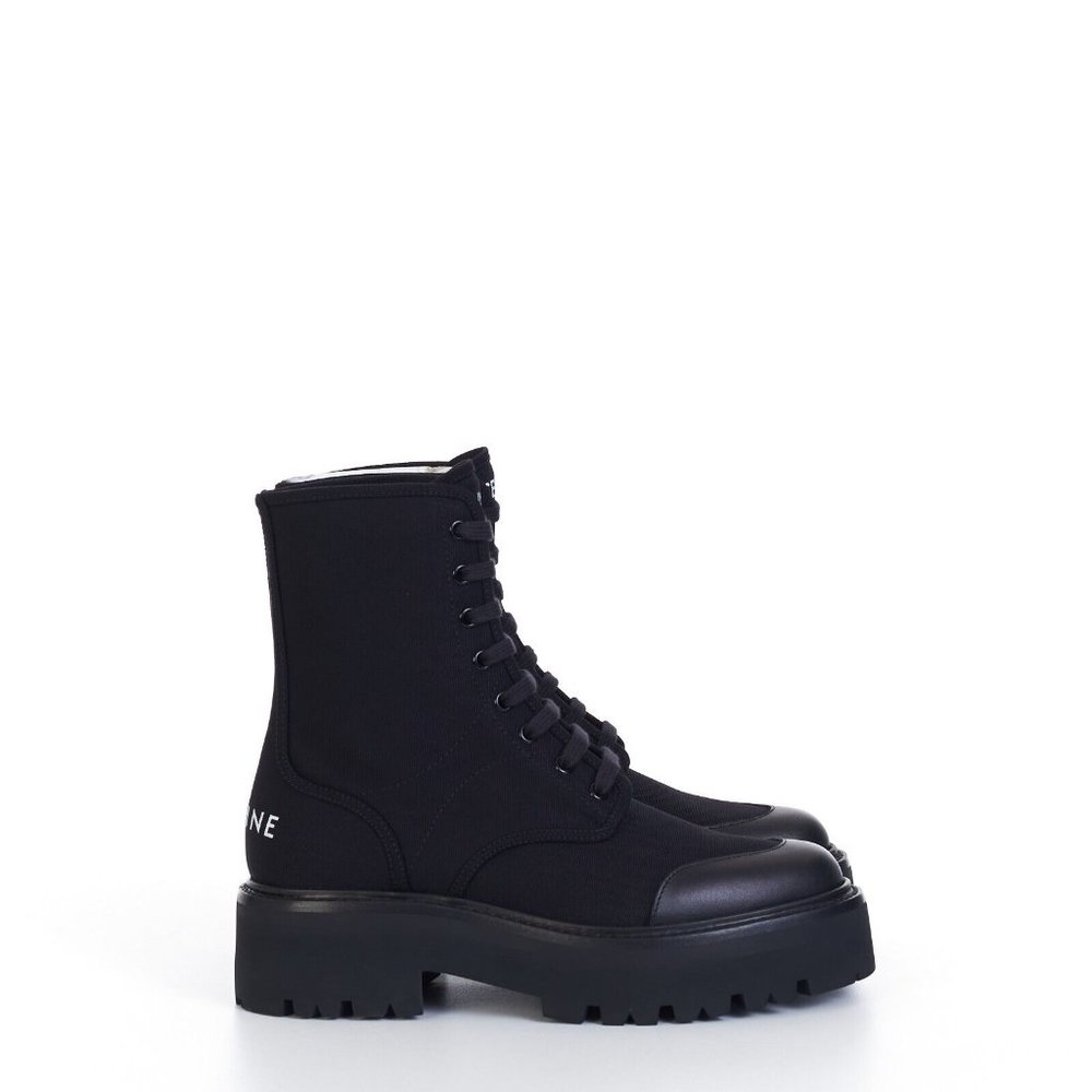CELINE Canvas Leather Lace Up Combat Boots with Logo Size 35